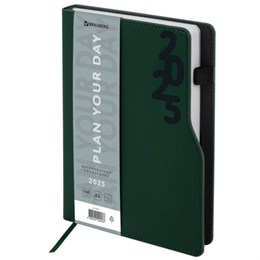 Ежедневник датированный 2025, А5, 150x213 мм, BRAUBERG "Up", под кожу, софт-тач, держатель для ручки, зеленый, 115841