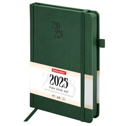Ежедневник датированный 2025, А5, 138х213 мм, BRAUBERG "Plain", под кожу, резинка, держатель для ручки, темно-зеленый, 115917