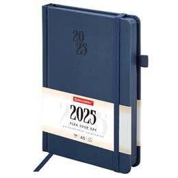 Ежедневник датированный 2025, А5, 138х213 мм, BRAUBERG "Plain", под кожу, резинка, держатель для ручки, синий, 115916
