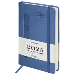 Ежедневник датированный 2025 А5 138x213 мм, BRAUBERG "Optimal", под кожу, резинка-фиксатор, держатель для ручки, синий, 115891