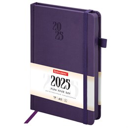 Ежедневник датированный 2025, А5, 138х213 мм, BRAUBERG "Plain", под кожу, резинка, держатель для ручки, фиолетовый, 115919