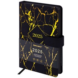 Ежедневник датированный 2025 А5 138x213 мм BRAUBERG "Goldy", под кожу, цветной срез, черный, 115898