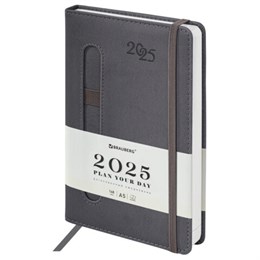 Ежедневник датированный 2025 А5 138x213 мм, BRAUBERG "Optimal", под кожу, резинка-фиксатор, держатель для ручки, серый, 115896