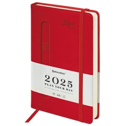 Ежедневник датированный 2025 А5 138x213 мм, BRAUBERG "Optimal", под кожу, резинка-фиксатор, держатель для ручки, красный, 115893