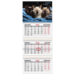 Календарь квартальный на 2025 г., 3 блока, 3 гребня, с бегунком, мелованная бумага, BRAUBERG, "Милые котики", 116138