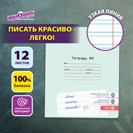 Тетрадь УЧУСЬ ПИСАТЬ № 5 12 л. узкая линия, со справочным материалом, обложка картон, ЮНЛАНДИЯ, 404850