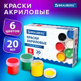 Краски акриловые для рисования и творчества 6 цветов по 20 мл, BRAUBERG, 192562