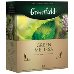 Чай GREENFIELD "Green Melissa" зеленый с мятой и мелиссой, 100 пакетиков в конвертах по 1,5 г