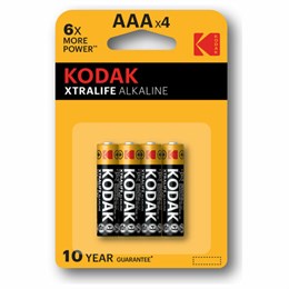 Батарейки алкалиновые "мизинчиковые" КОМПЛЕКТ 4 шт., KODAK Xtralife Alkaline, ААА (LR03,15А), блистер, Б0014329