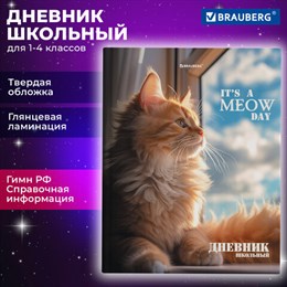 Дневник 1-4 класс 48 л., твердый, BRAUBERG, глянцевая ламинация, с подсказом, "Котик", 107156