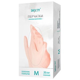 Перчатки виниловые смотровые 50 пар (100 штук), размер M (средний), прозрачные, SAF&TY, ЧЗ