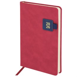 Ежедневник датированный 2026 А5 138х213мм BRAUBERG Accent под кожу, держатель, красный/синий, 117384