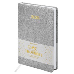 Ежедневник датированный 2026 А5 138x213мм BRAUBERG Sparkle, под кожу, блестки, серебристый, 117440