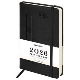Ежедневник датированный 2026 А5 138x213мм BRAUBERG Optimal, под кожу, резинка, держатель для ручки, черный, 117465