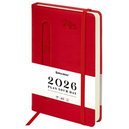 Ежедневник датированный 2026 А5 138x213мм BRAUBERG Optimal, под кожу, резинка, держатель для ручки, красный, 117466