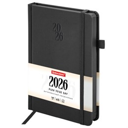 Ежедневник датированный 2026, А5, 138х213 мм, BRAUBERG "Plain", под кожу, резинка, держатель для ручки, черный, 117505