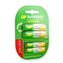 Батарейки аккумуляторные GP ReEnergy Ni-Mh НАБОР 8 шт. (ПРОМО 4+4), AA+ААА (HR6+HR03), 2000 mAh + 750 mAh, 210AAHC/75AAAHC