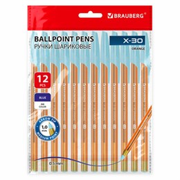 Ручки шариковые BRAUBERG X-30 ORANGE, КОМПЛЕКТ 12 шт., СИНИЕ, пишущий узел 1 мм, линия письма 0,5 мм, 144334