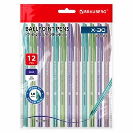 Ручки шариковые BRAUBERG X-30 COLOR MIX, КОМПЛЕКТ 12 ШТ., СИНИЕ, пишущий узел 1 мм, линия письма 0,5 мм, 144336
