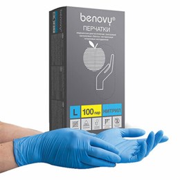 Перчатки нитриловые смотровые 100 пар (200 шт.), размер L, голубые, BENOVY Nitrile Chlorinated, ЧЗ, М