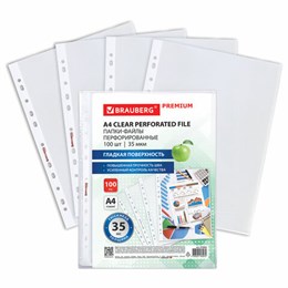 Папки-файлы перфорированные А4 BRAUBERG "PREMIUM", КОМПЛЕКТ 100 шт., гладкие, 35 мкм, 273003