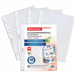 Папки-файлы перфорированные А4 BRAUBERG "PREMIUM", КОМПЛЕКТ 100 шт., гладкие, 40 мкм, 273007