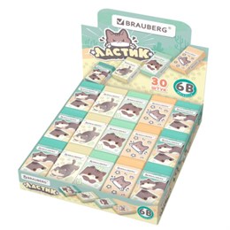 Ластик BRAUBERG CUTE CATS, 50х24х10 мм, прямоугольный, цвет ластика ассорти, эко-пвх, картонный держатель, 273227