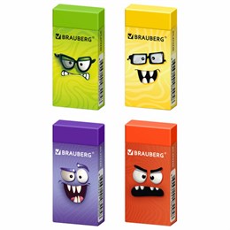 Ластик BRAUBERG CUTE MONSTERS, 50х24х10 мм, прямоугольный, цвета ластика ассорти, эко-пвх, картонный держатель, 273236