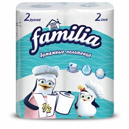 Полотенца бумажные бытовые, спайка 2 шт., 2-слойные (2х12 м), FAMILIA, 23x12,5 см, белые, 5083815