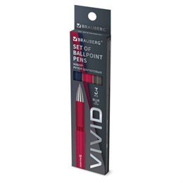 Ручки шариковые с грипом BRAUBERG "VIVID", НАБОР 3 ШТУКИ, СИНИЕ, SOFT TOUCH покрытие, узел 0,7 мм, линия письма 0,35 мм, 144401