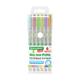 Ручки гелевые ПАСТЕЛЬНЫЕ BRAUBERG KIDS "CUTE ANIMALS", НАБОР 6 ЦВЕТОВ, корпус с печатью, узел 1 мм, линия письма 0,7 мм, 144439