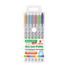 Ручки гелевые МЕТАЛЛИК BRAUBERG KIDS "CUTE ANIMALS", НАБОР 6 ЦВЕТОВ, корпус с печатью, узел 1 мм, линия письма 0,7 мм, 144440