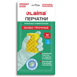 Перчатки МНОГОРАЗОВЫЕ латексные с АРОМАТОМ АЛОЭ, хлопковое напыление, ОСОБО ПРОЧНЫЕ, размер 7-8, M (средний), зеленые, LAIMA, 700545