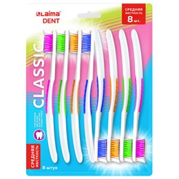 Зубная щетка средней жесткости, КОМПЛЕКТ 8 шт, LAIMA DENT "CLASSIC", 609314