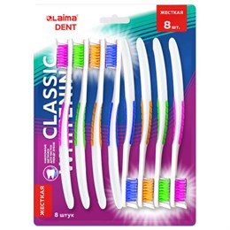 Зубная щетка жесткая, КОМПЛЕКТ 8 шт, LAIMA DENT "CLASSIC WHITENING", безопасное отбеливание, 609315