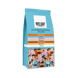 Шоколад порционный WELDAY (ВЭЛДЭЙ), ассорти 6 вкусов, 810 г (54 плитки по 15 г), пакет, 622409