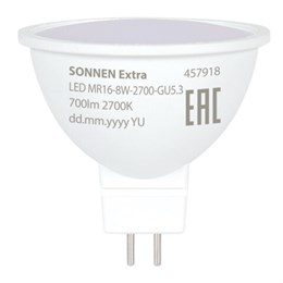Лампа светодиодная SONNEN EXTRA, 8 (70) Вт, GU5.3, теплый белый, 30000 ч, LED MR16-GU5.3-8W-2700, 457918