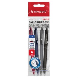 Ручки шариковые автоматические BRAUBERG "VIVID", СИНИЕ, НАБОР 4 ШТУКИ, soft-touch, пишущий узел 0,7 мм, линия письма 0,35 мм, 144409