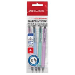 Ручки шариковые автоматические BRAUBERG "VIVID PASTEL", СИНИЕ, НАБОР 4 ШТУКИ, soft-touch, пишущий узел 0,7 мм, линия письма 0,35 мм, 144408