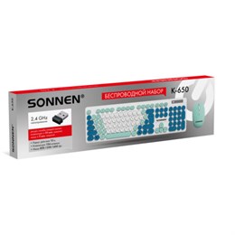 Набор беспроводной тихий: клавиатура 104 клавиши, мышь 4 кнопки 800/1200/1600 dpi, SONNEN K-650, белый / мятный / бирюзовый, 513953