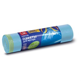 Мешки для мусора 60 л, синие, с завязками, в рулоне 15 шт., ПНД, 60х70 см, 14 мкм, GRIFON, 101-063