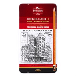 Карандаши чернографитные KOH-I-NOOR, НАБОР 12 шт., "Art" 6B-6H, без резинки, металлическая коробка, 1582012001PL