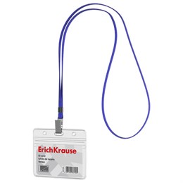 Бейдж горизонтальный ERICH KRAUSE (95х58 мм), корпус прозрачный из мягкого ПВХ, цвет ленты синий, 63708