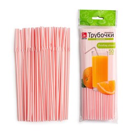 Трубочки для коктейлей гофрированные пластиковые 5х210мм, белые с кр/полоской, 50 шт, GRIFON, ШК0505, 105-050