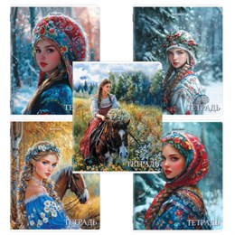 Тетрадь А5, 48 л., BRAUBERG, скоба, клетка, глянцевый лак, "Русская красавица" (микс в спайке), 405649