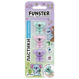 Ластик-топпер для карандаша FUNSTER (ФАНСТЕР) "КОАЛЫ", НАБОР 3 штуки, пастельные цвета ассорти, блистер, 274013