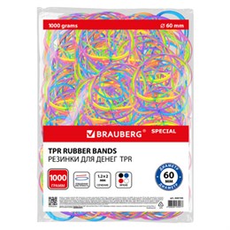 Резинки банковские TPR универсальные, диаметр 60 мм, 1000 г, ЯРКИЕ ЦВЕТА, BRAUBERG SPECIAL, 440194