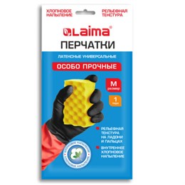 Перчатки МНОГОРАЗОВЫЕ латексные LAIMA "БИКОЛОР" черно-красные, ОСОБО ПРОЧНЫЕ, хлопковое напыление, размер M (средний), вес 55 г, 700538