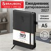Ежедневник датированный 2027, А5, 138х213 мм, BRAUBERG "Plain", под кожу, резинка, держатель для ручки, черный, 118040 - фото 10125271