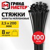 Хомут-стяжка нейлоновая, 2,5х200 мм, КОМПЛЕКТ 100 шт., черная, ГРАНДМАСТЕР, 702194 - фото 10178159